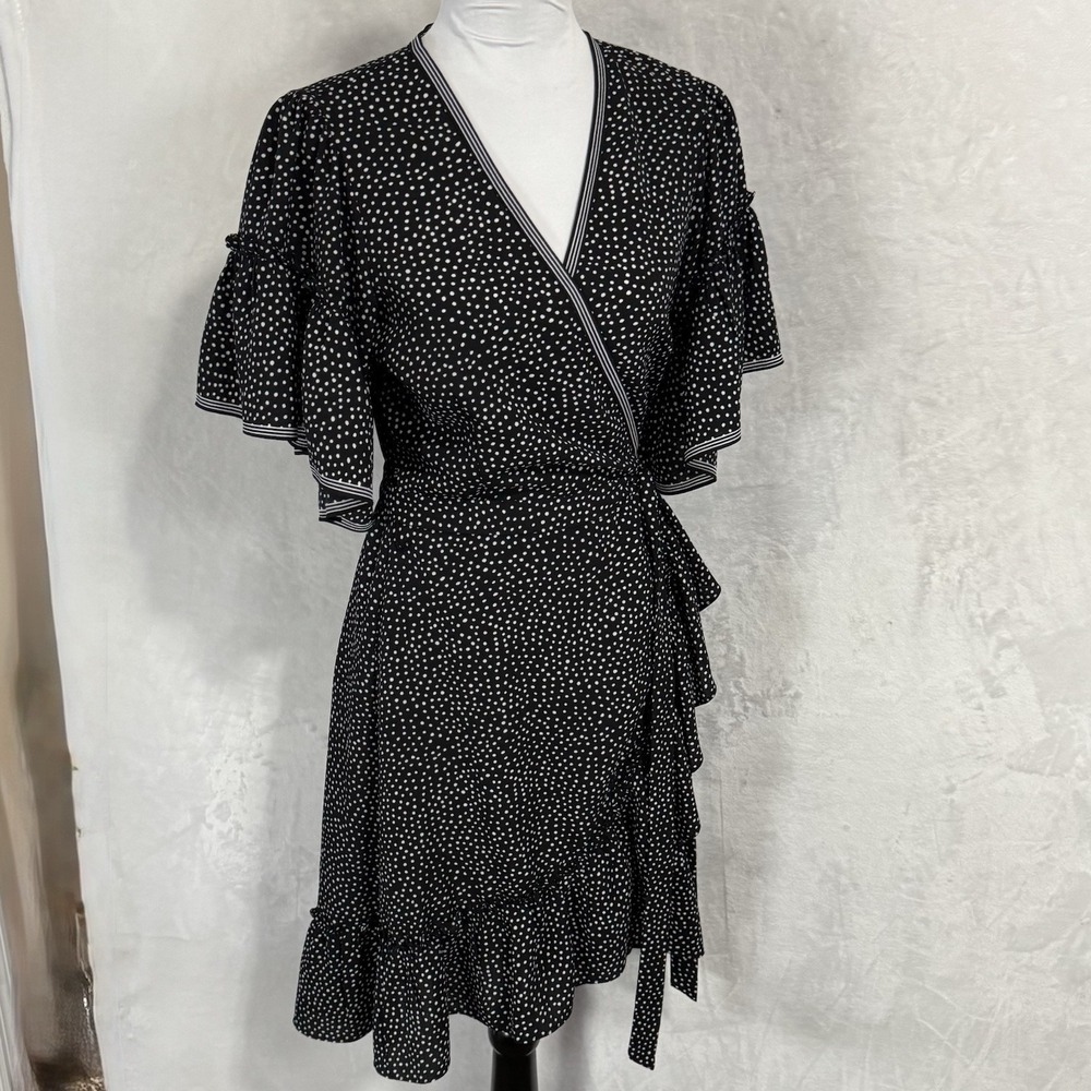 Max Studio True Wrap Dress Size S Black & White Polka Dot Ruffle Sleeve V Neck - Picture 5 of 16